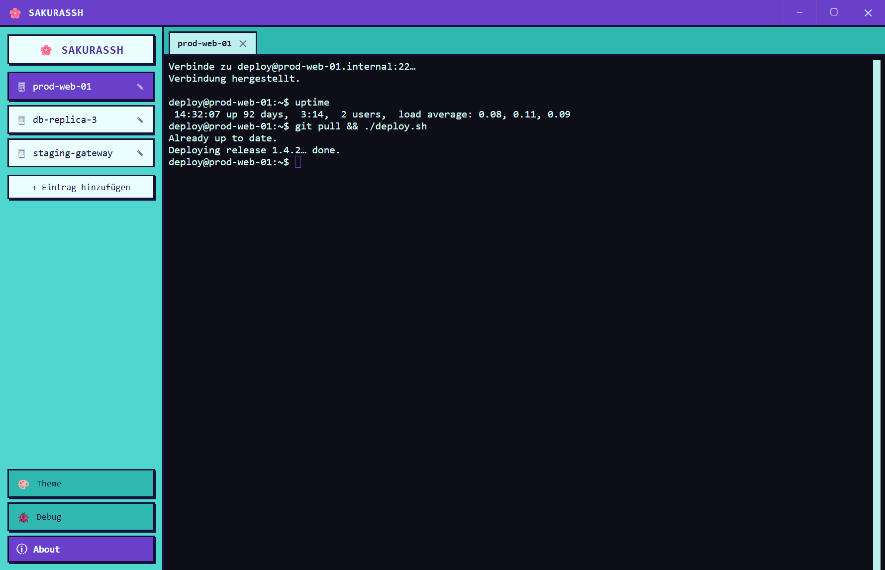 SakuraSSH in the Retro theme: a teal-and-purple sidebar with saved servers, connected to prod-web-01 in a dark terminal.