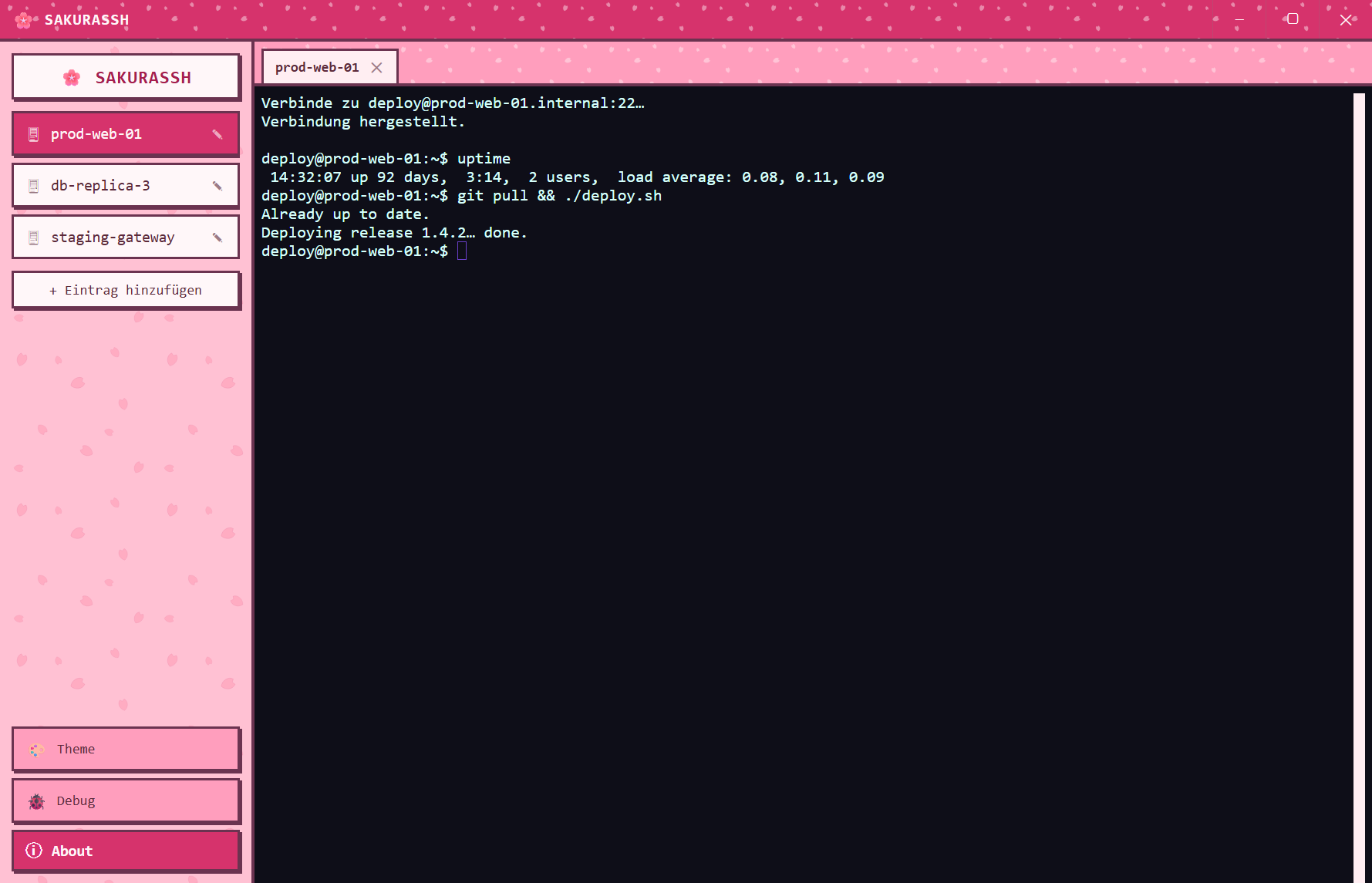 SakuraSSH in the Sakura theme: a cherry-blossom pink sidebar with saved servers, connected to prod-web-01 in a dark terminal.