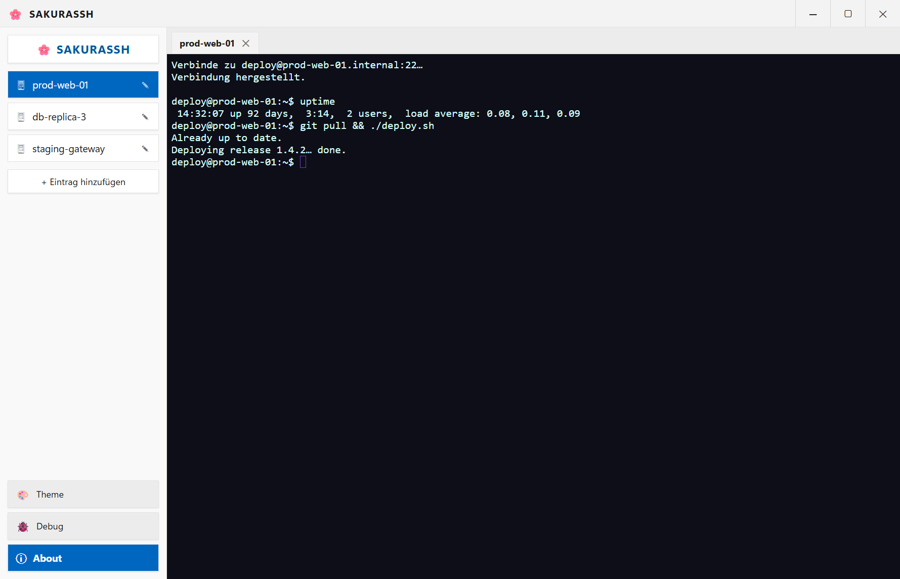 SakuraSSH in the Windows 11 theme: a native-looking light sidebar with saved servers, connected to prod-web-01 in a dark terminal.