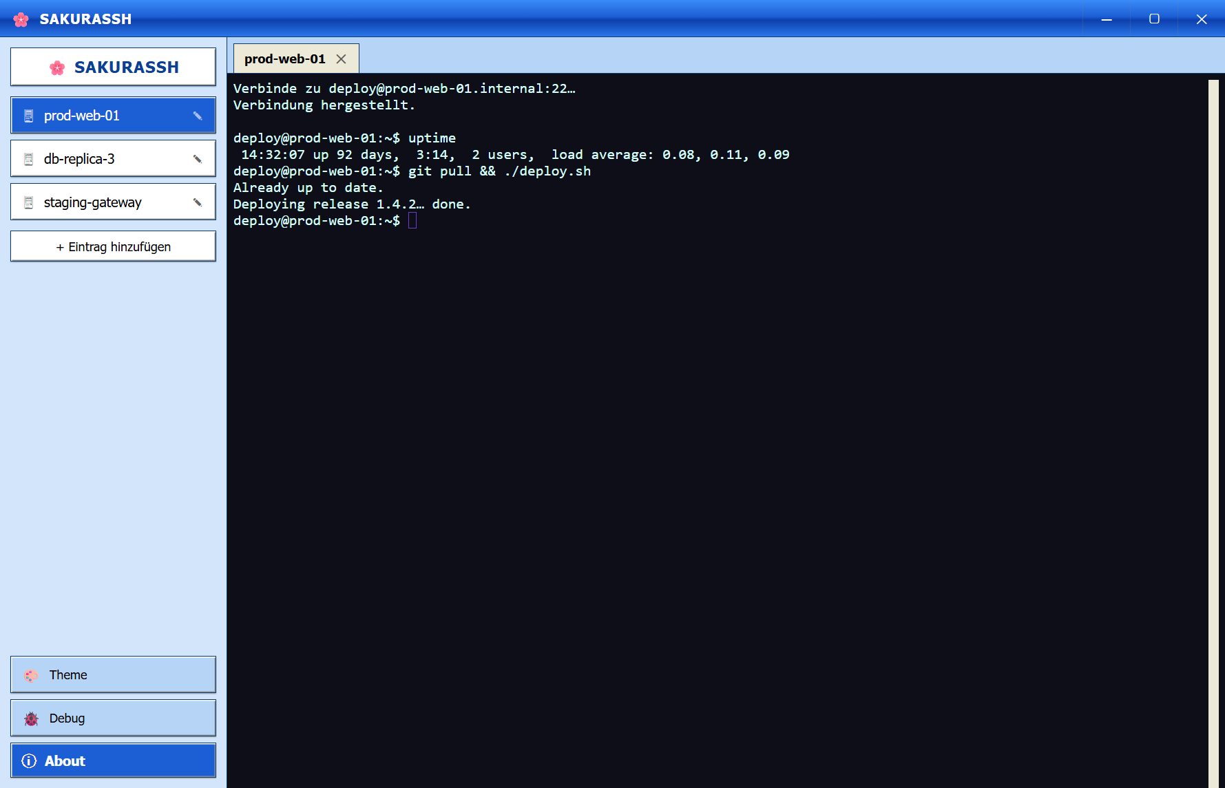 SakuraSSH in the Windows XP theme: a Luna-blue sidebar with saved servers, connected to prod-web-01 in a dark terminal.